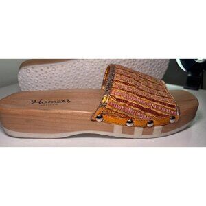 Homers Women's 9.5 Slide Clogs Bronze Metallic Striped Wood Platform Sandals